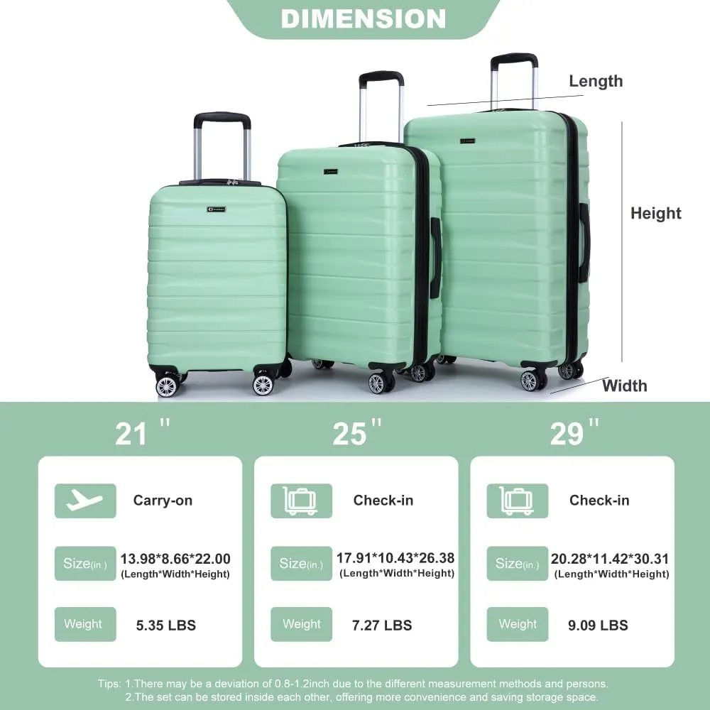 3-Piece Expandable Luggage Set (21"/25"/29") - PC Lightweight Hardshell Suitcases with Lock, Double Spinner Wheels & 2 Utility Hooks - Sand Color Carry-On & Checked Luggage (Light Green   PC)