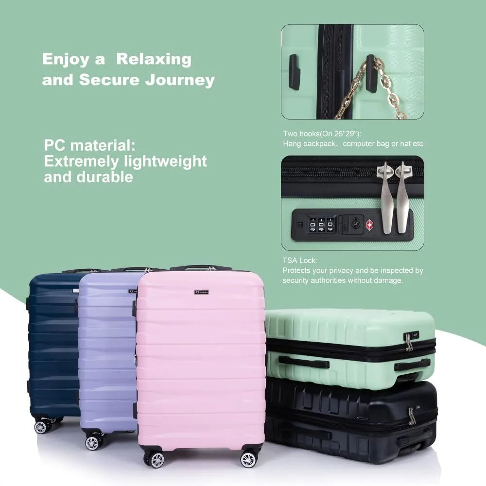 3-Piece Expandable Luggage Set (21"/25"/29") - PC Lightweight Hardshell Suitcases with Lock, Double Spinner Wheels & 2 Utility Hooks - Sand Color Carry-On & Checked Luggage (Light Green   PC)