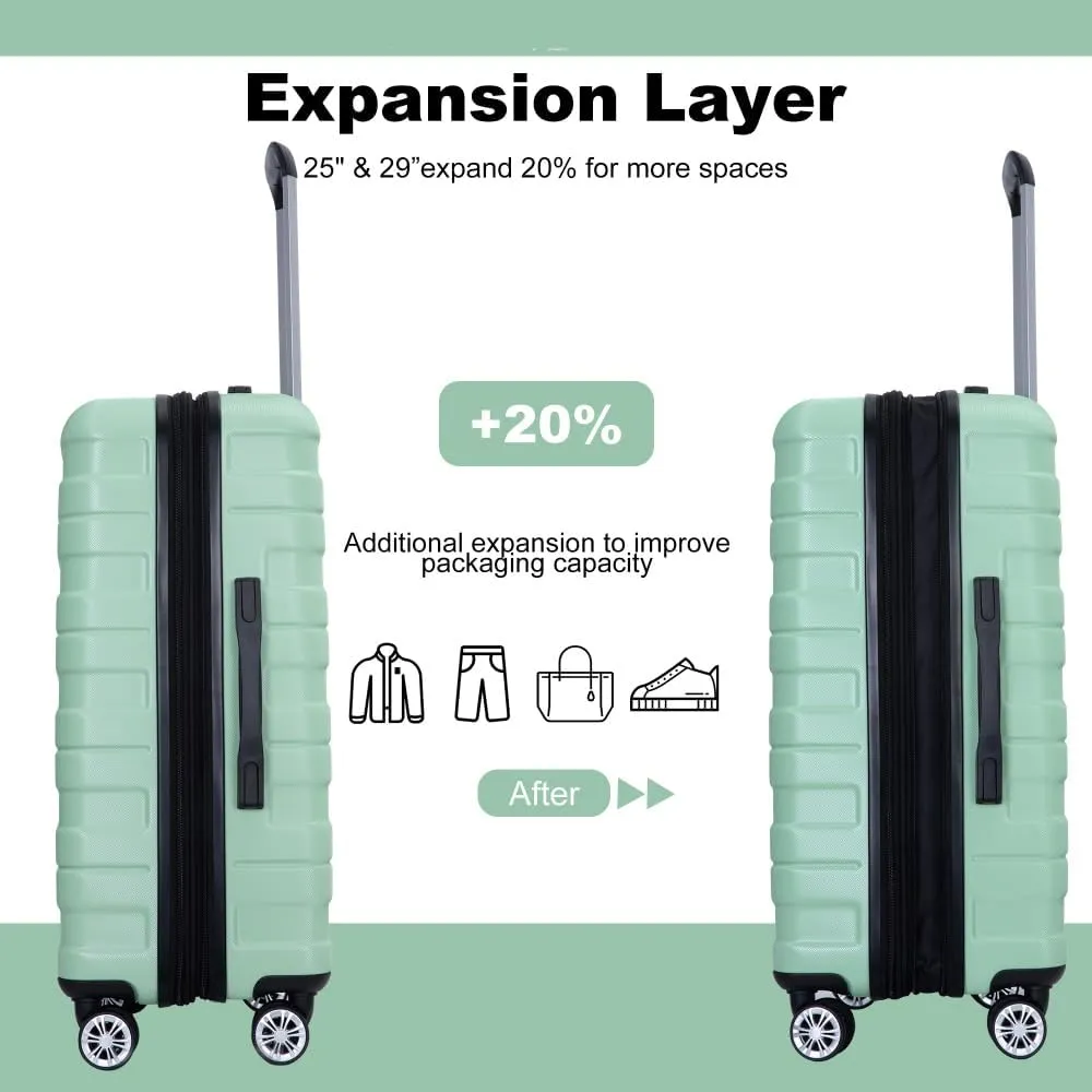 3-Piece Expandable Luggage Set (21"/25"/29") - PC Lightweight Hardshell Suitcases with Lock, Double Spinner Wheels & 2 Utility Hooks - Sand Color Carry-On & Checked Luggage (Light Green   PC)