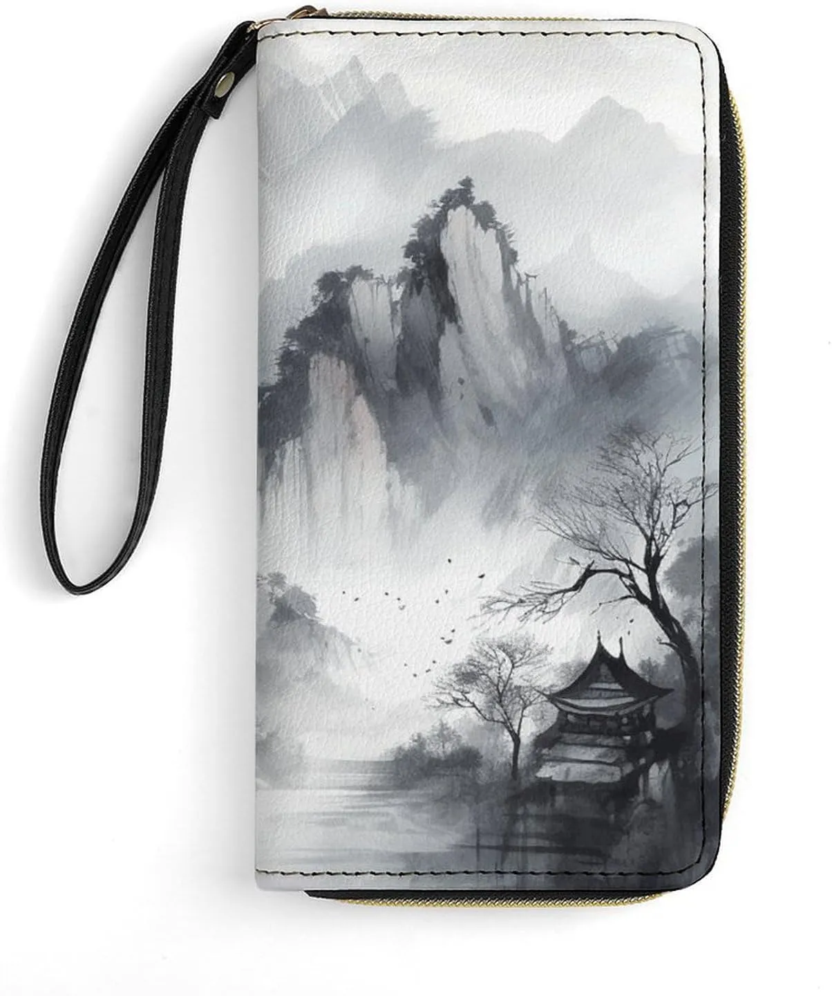 Abstract Ink Painting Leather Wallet Smooth Zip Around Clutch Wristlet Travel Long Soft Purse for Women
