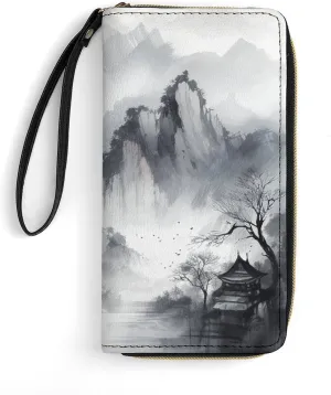 Abstract Ink Painting Leather Wallet Smooth Zip Around Clutch Wristlet Travel Long Soft Purse for Women