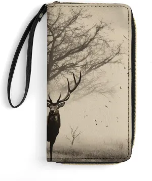Abstract Tree Elk Picture Leather Wallet Smooth Zip Around Clutch Wristlet Travel Long Soft Purse for Women
