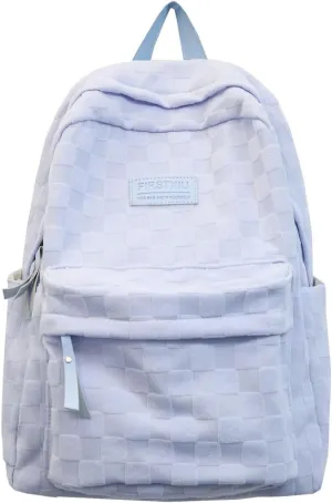 Aesthetic Checkered Backpack Light Academia Plaid Backpack Cute Preppy Backpack Fit 15.6 Inch Laptop Light Rucksack (Blue,One Size)