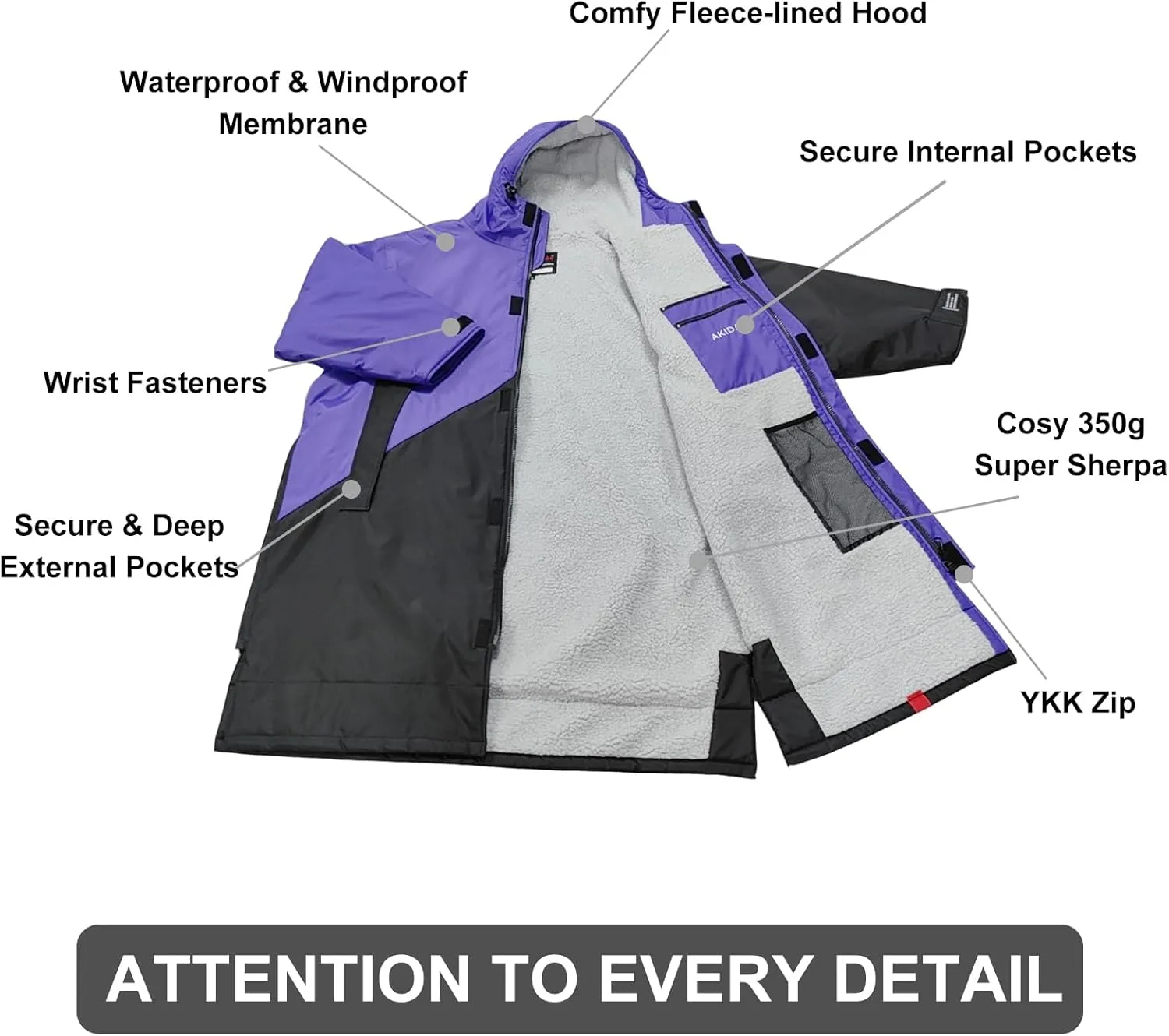 Akida Adult Oversized Changing Robe/Swim Parka,Waterproof Surf Poncho Warm Jacket,Quick Dry Wetsuit Changing Towel.