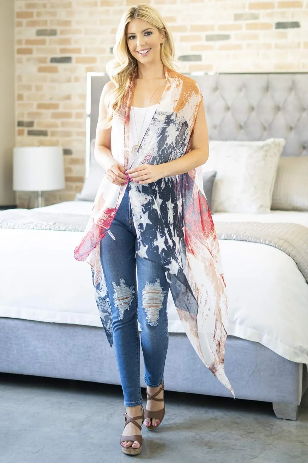 American Flag Patriotic Shawl Wrap Cardi - July 4 USA Stars Stripes Open Kimono Cardigan, Long Vest