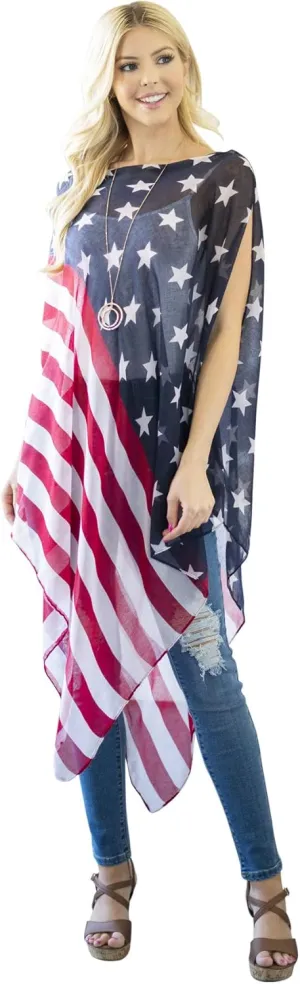 American Flag Patriotic Shawl Wrap Cardi - July 4 USA Stars Stripes Open Kimono Cardigan, Long Vest