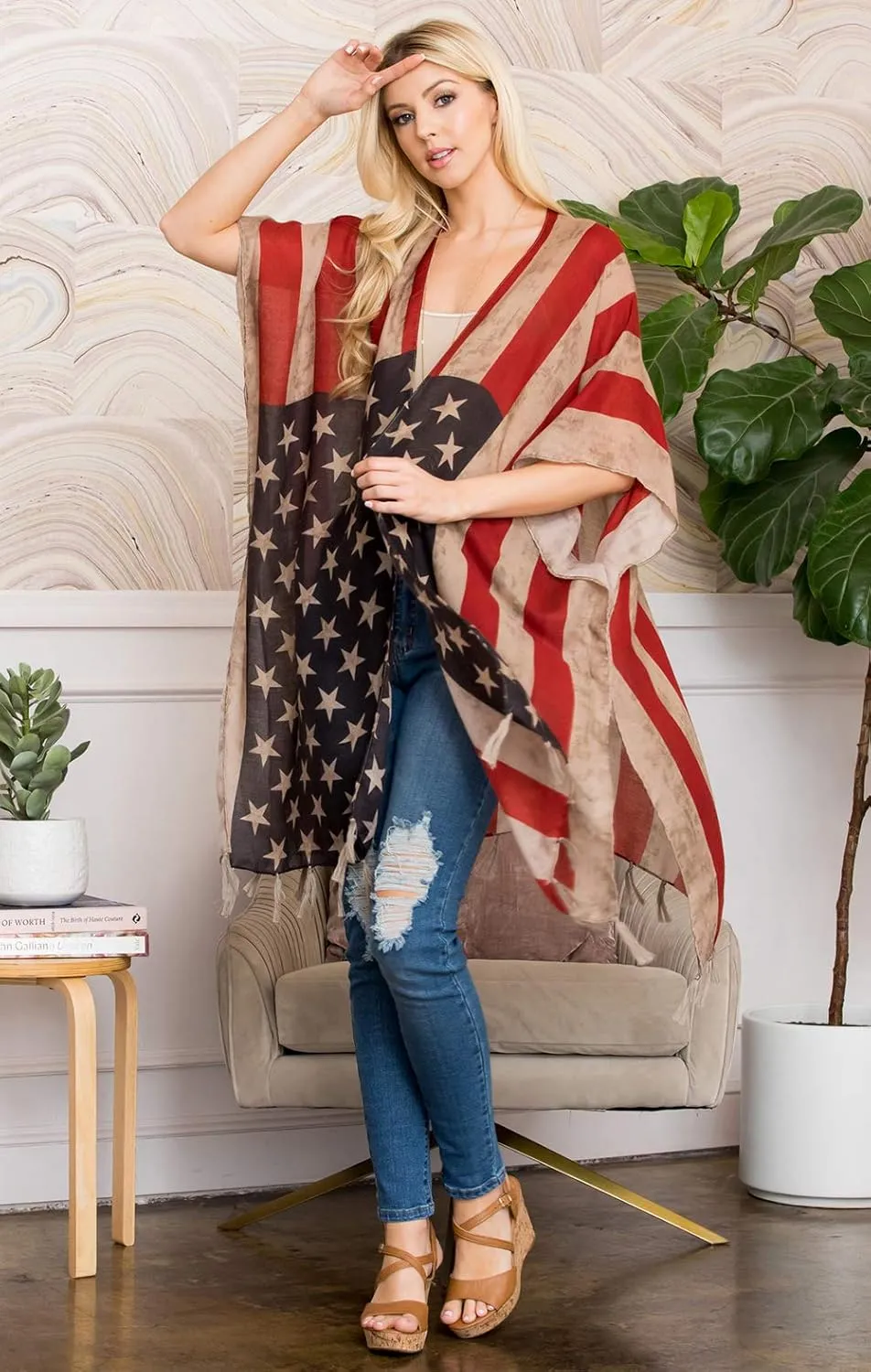 American Flag Patriotic Shawl Wrap Cardi - July 4 USA Stars Stripes Open Kimono Cardigan, Long Vest