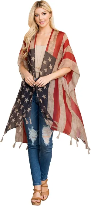 American Flag Patriotic Shawl Wrap Cardi - July 4 USA Stars Stripes Open Kimono Cardigan, Long Vest