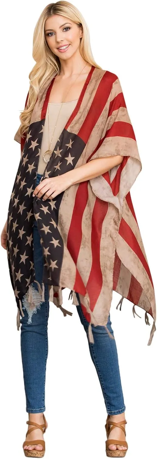 American Flag Patriotic Shawl Wrap Cardi - July 4 USA Stars Stripes Open Kimono Cardigan, Long Vest