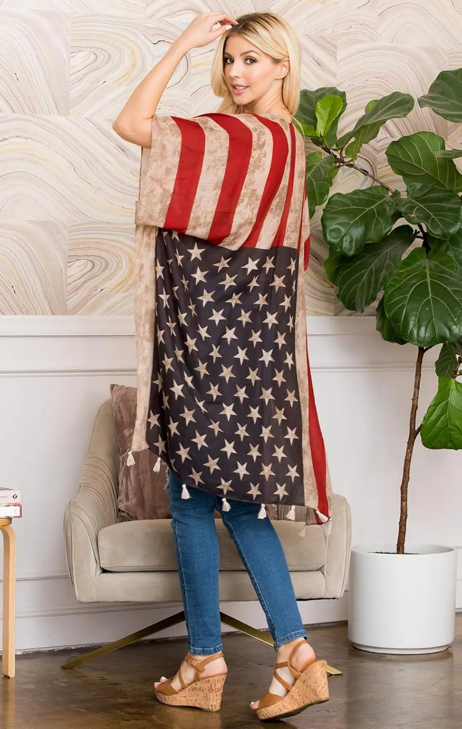 American Flag Patriotic Shawl Wrap Cardi - July 4 USA Stars Stripes Open Kimono Cardigan, Long Vest