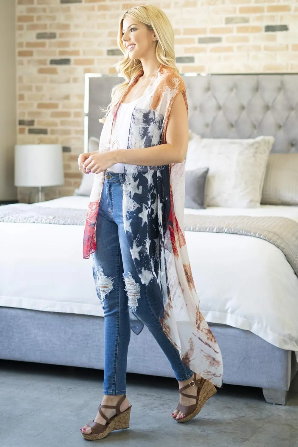 American Flag Patriotic Shawl Wrap Cardi - July 4 USA Stars Stripes Open Kimono Cardigan, Long Vest