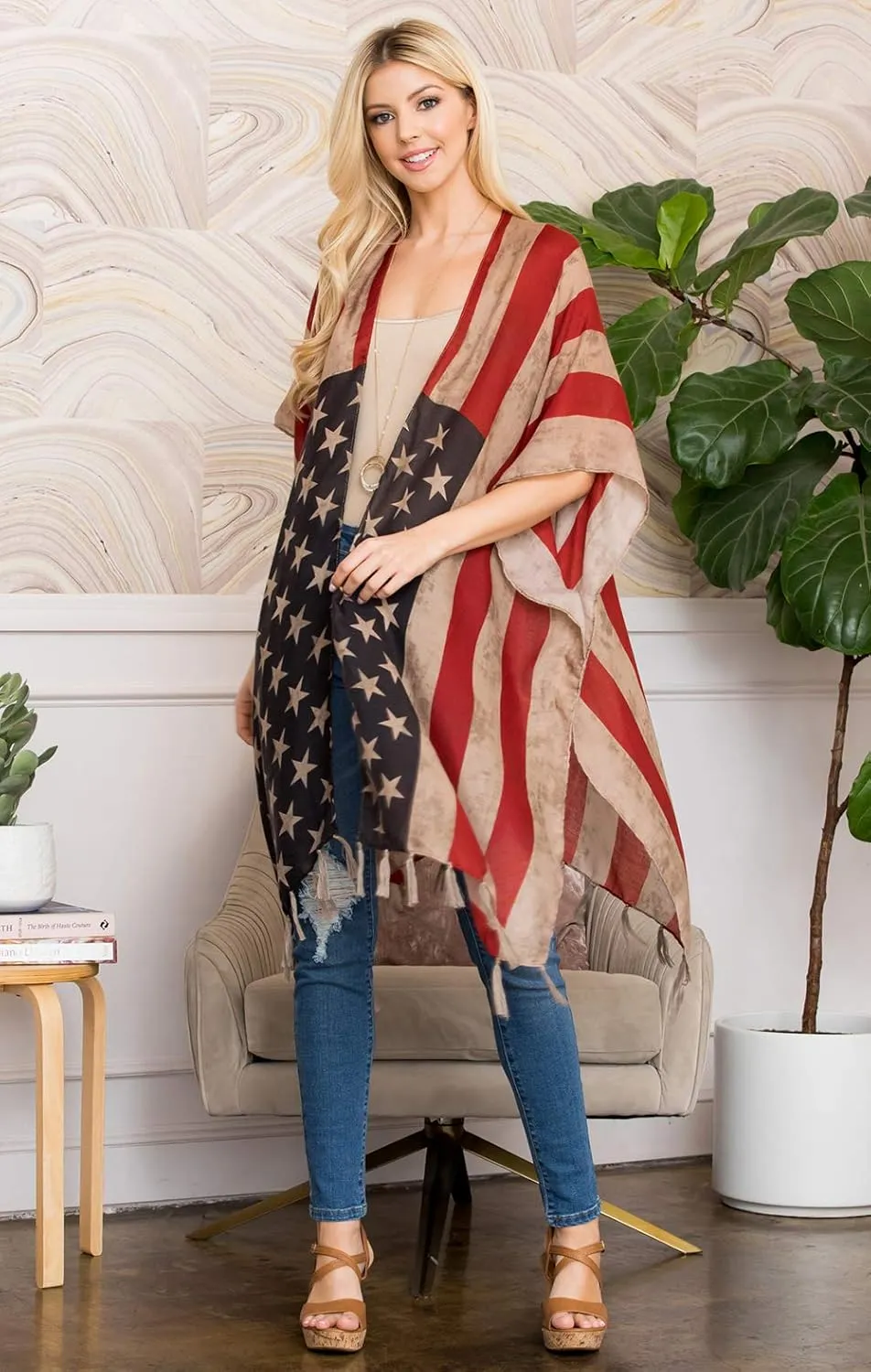 American Flag Patriotic Shawl Wrap Cardi - July 4 USA Stars Stripes Open Kimono Cardigan, Long Vest