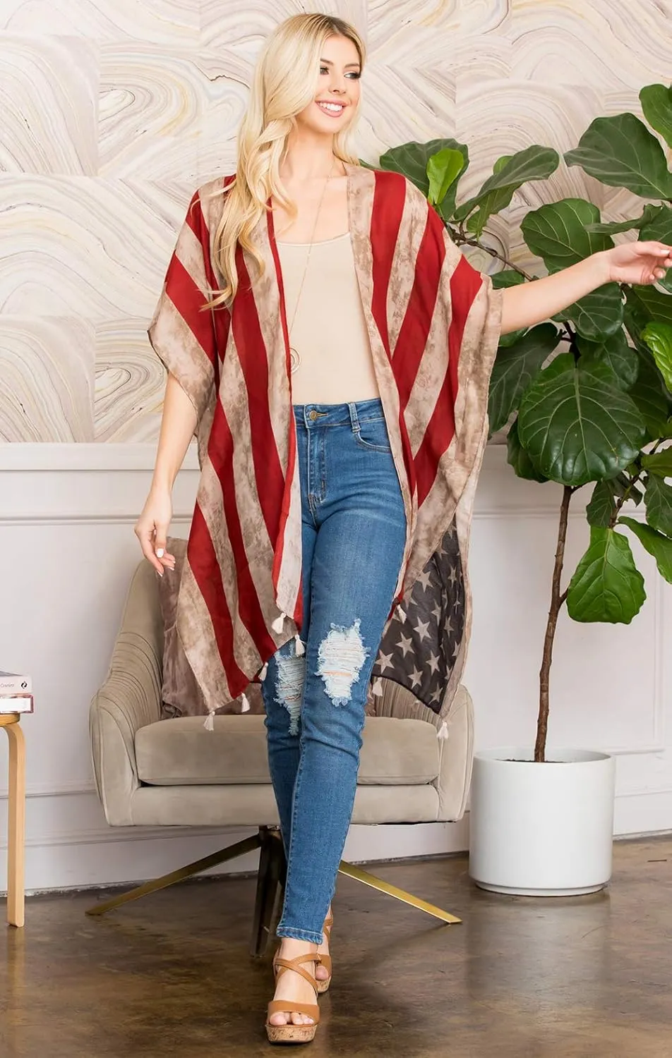 American Flag Patriotic Shawl Wrap Cardi - July 4 USA Stars Stripes Open Kimono Cardigan, Long Vest
