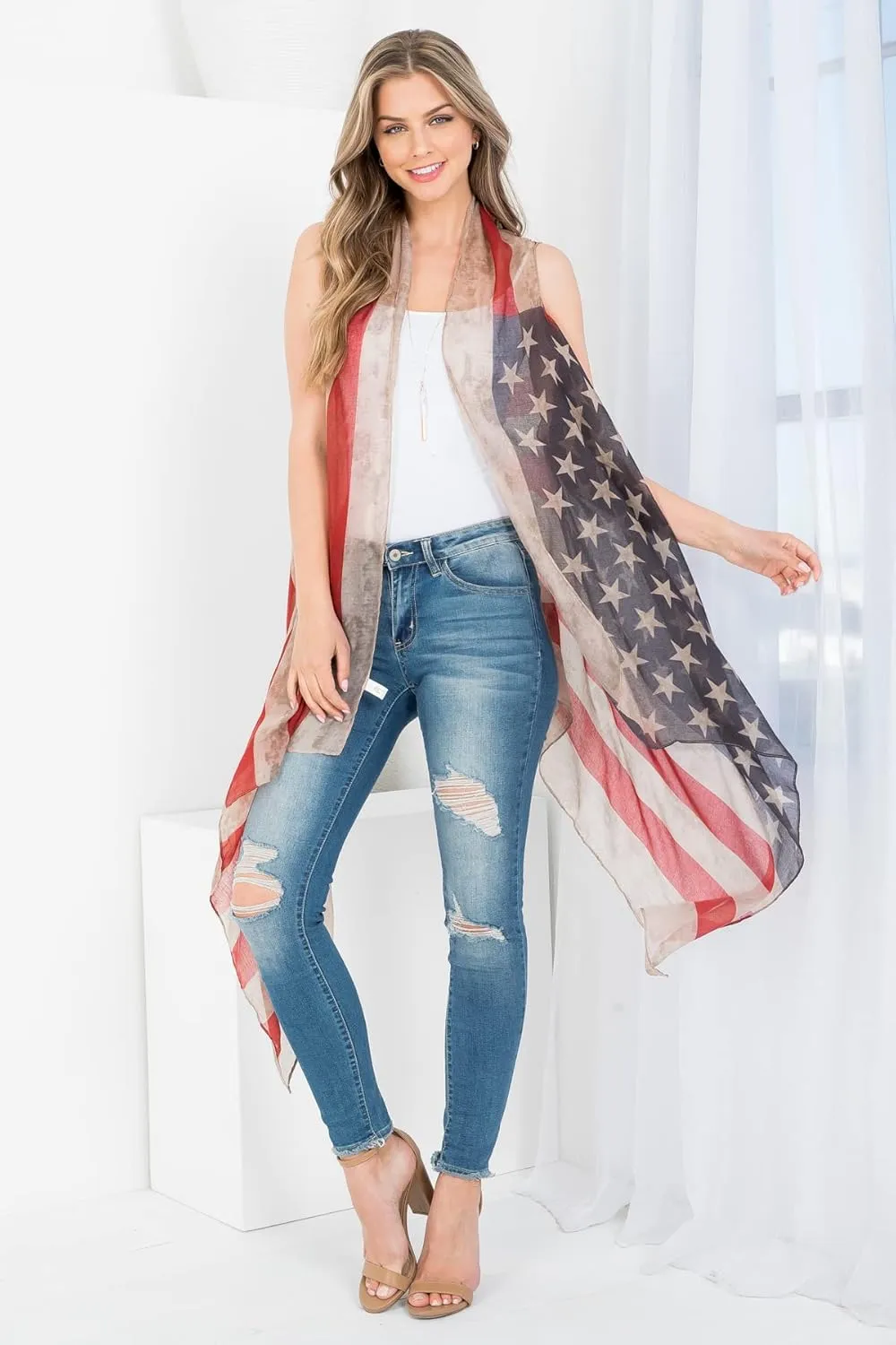 American Flag Patriotic Shawl Wrap Cardi - July 4 USA Stars Stripes Open Kimono Cardigan, Long Vest