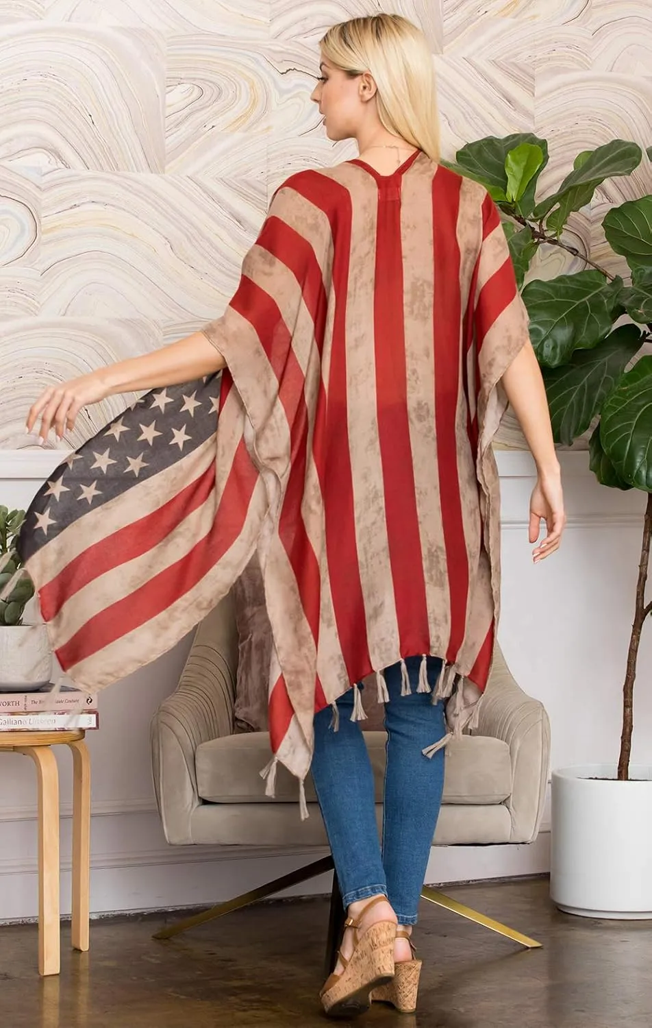 American Flag Patriotic Shawl Wrap Cardi - July 4 USA Stars Stripes Open Kimono Cardigan, Long Vest