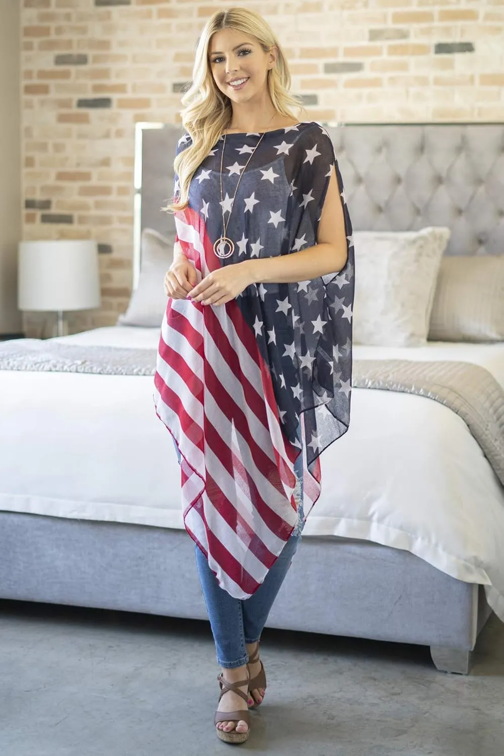 American Flag Patriotic Shawl Wrap Cardi - July 4 USA Stars Stripes Open Kimono Cardigan, Long Vest