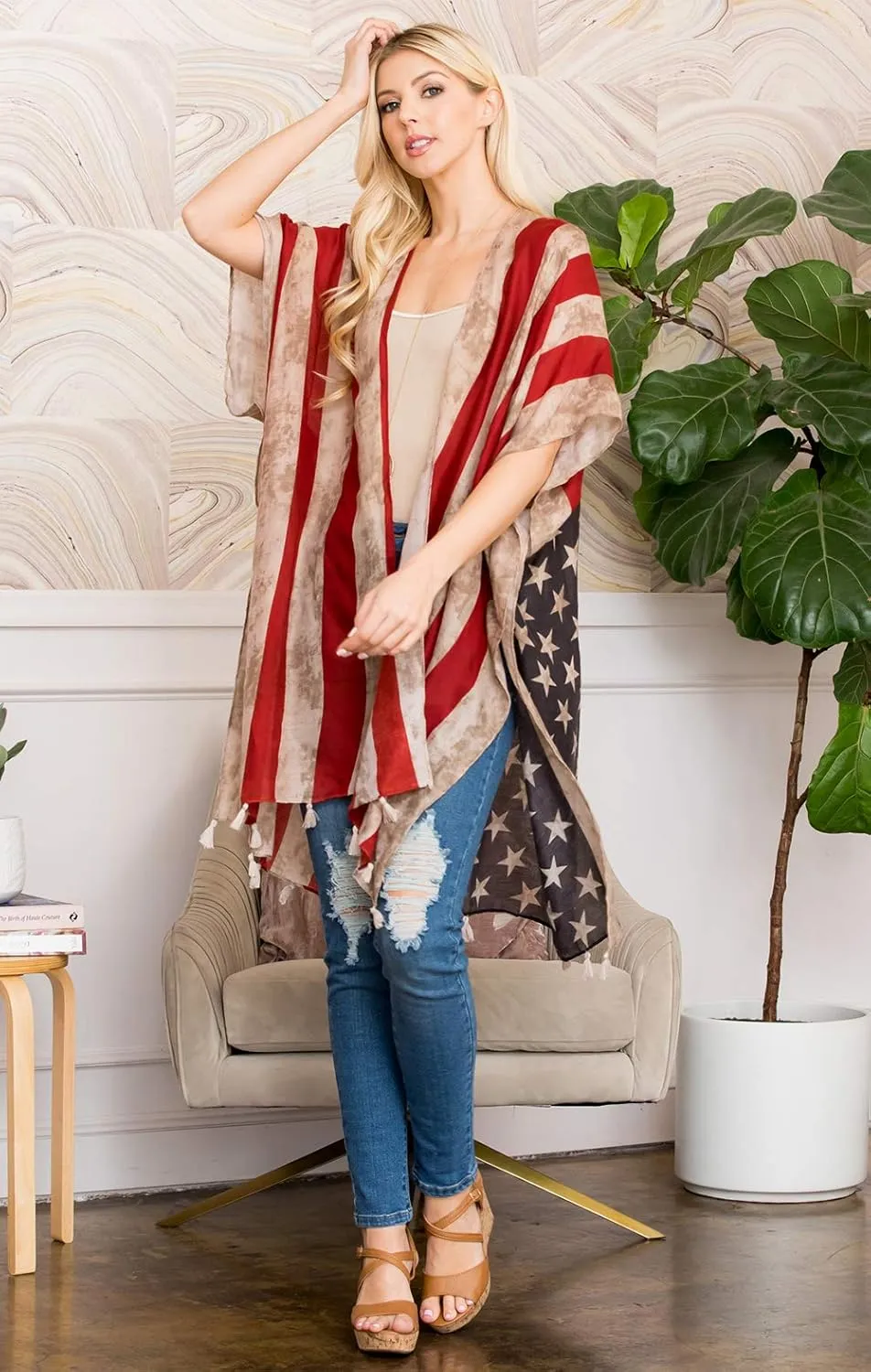 American Flag Patriotic Shawl Wrap Cardi - July 4 USA Stars Stripes Open Kimono Cardigan, Long Vest