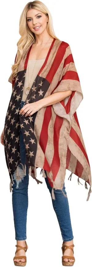 American Flag Patriotic Shawl Wrap Cardi - July 4 USA Stars Stripes Open Kimono Cardigan, Long Vest
