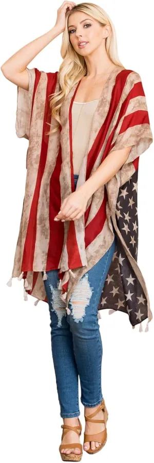 American Flag Patriotic Shawl Wrap Cardi - July 4 USA Stars Stripes Open Kimono Cardigan, Long Vest