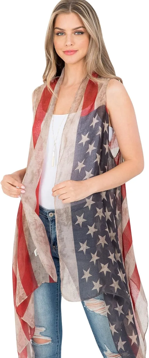 American Flag Patriotic Shawl Wrap Cardi - July 4 USA Stars Stripes Open Kimono Cardigan, Long Vest