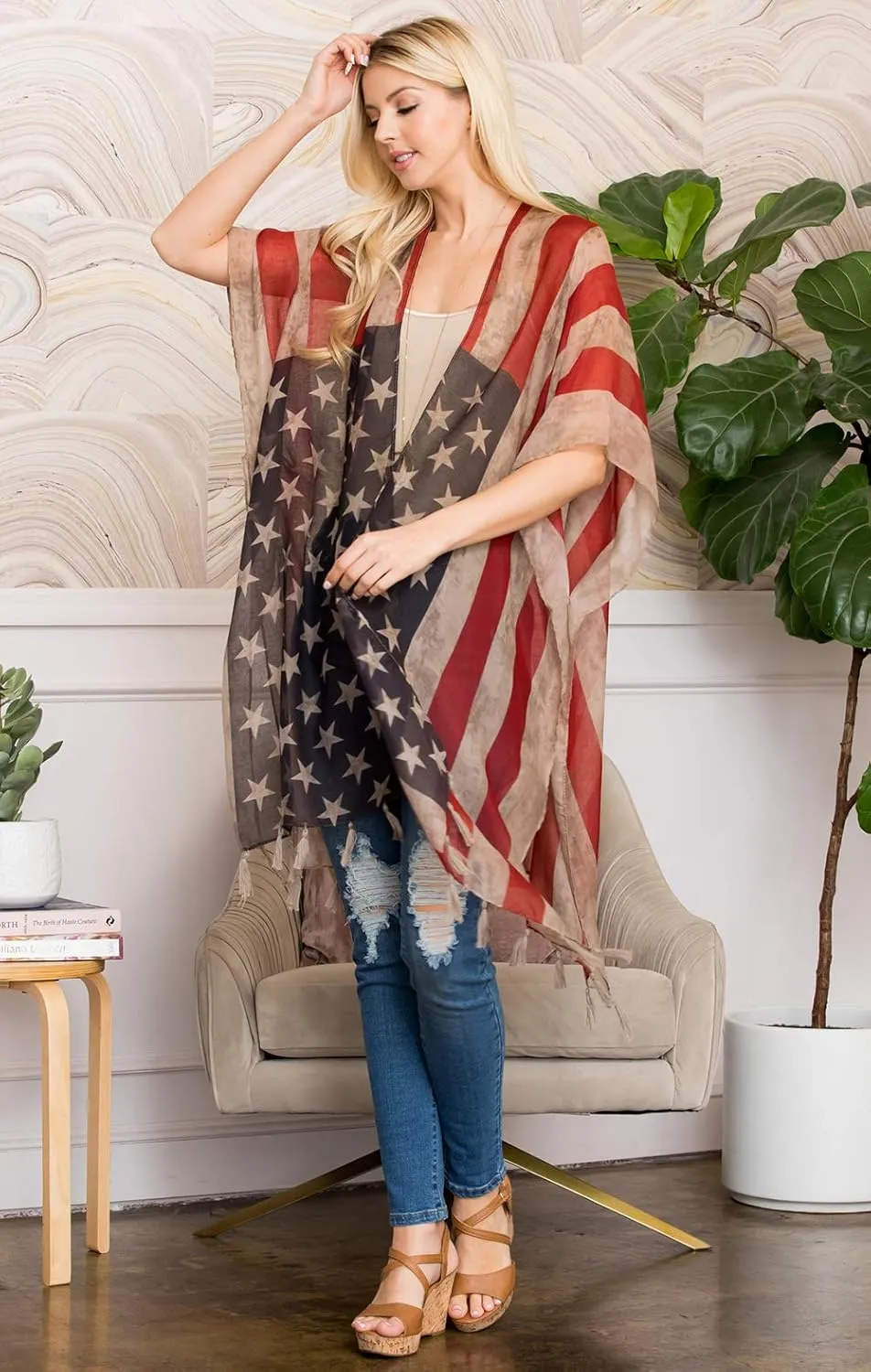 American Flag Patriotic Shawl Wrap Cardi - July 4 USA Stars Stripes Open Kimono Cardigan, Long Vest