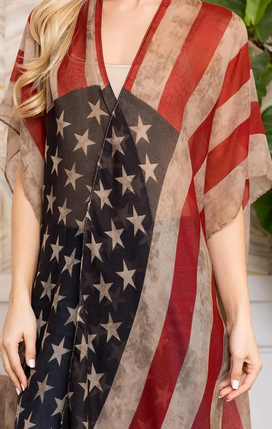 American Flag Patriotic Shawl Wrap Cardi - July 4 USA Stars Stripes Open Kimono Cardigan, Long Vest