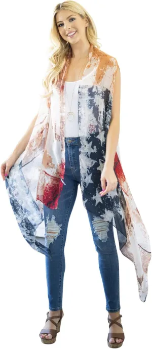 American Flag Patriotic Shawl Wrap Cardi - July 4 USA Stars Stripes Open Kimono Cardigan, Long Vest