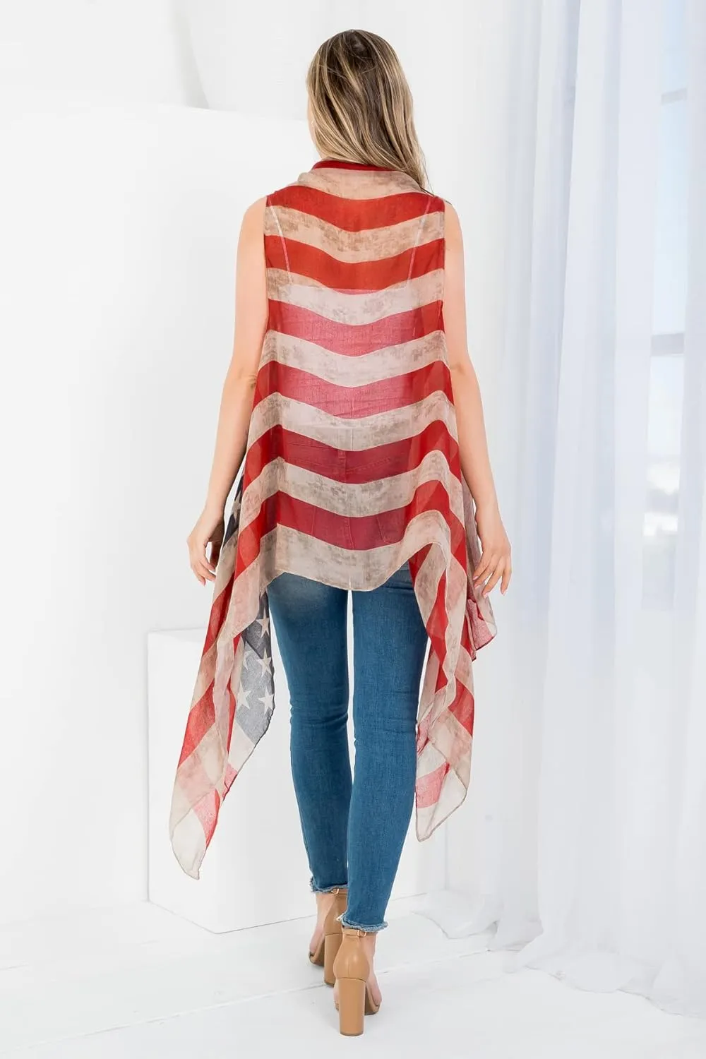 American Flag Patriotic Shawl Wrap Cardi - July 4 USA Stars Stripes Open Kimono Cardigan, Long Vest