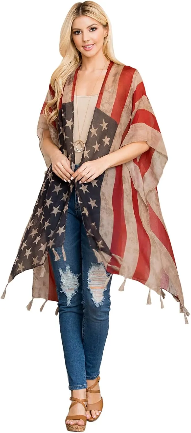 American Flag Patriotic Shawl Wrap Cardi - July 4 USA Stars Stripes Open Kimono Cardigan, Long Vest