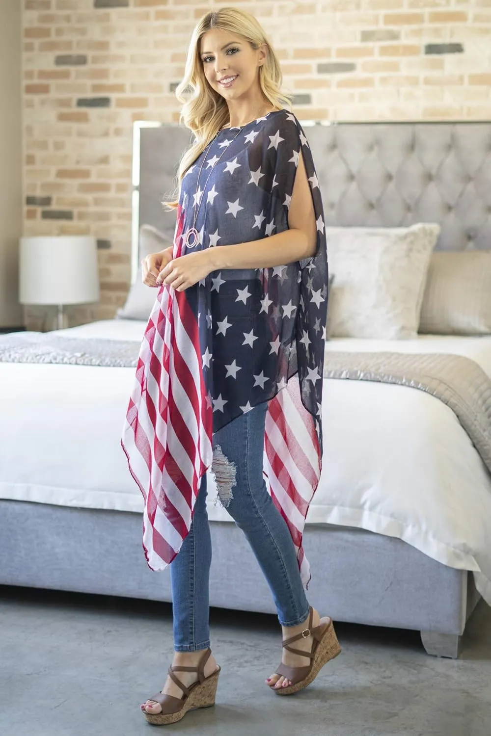 American Flag Patriotic Shawl Wrap Cardi - July 4 USA Stars Stripes Open Kimono Cardigan, Long Vest