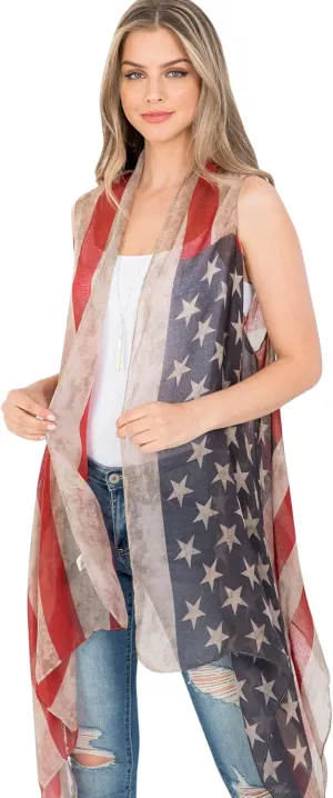 American Flag Patriotic Shawl Wrap Cardi - July 4 USA Stars Stripes Open Kimono Cardigan, Long Vest