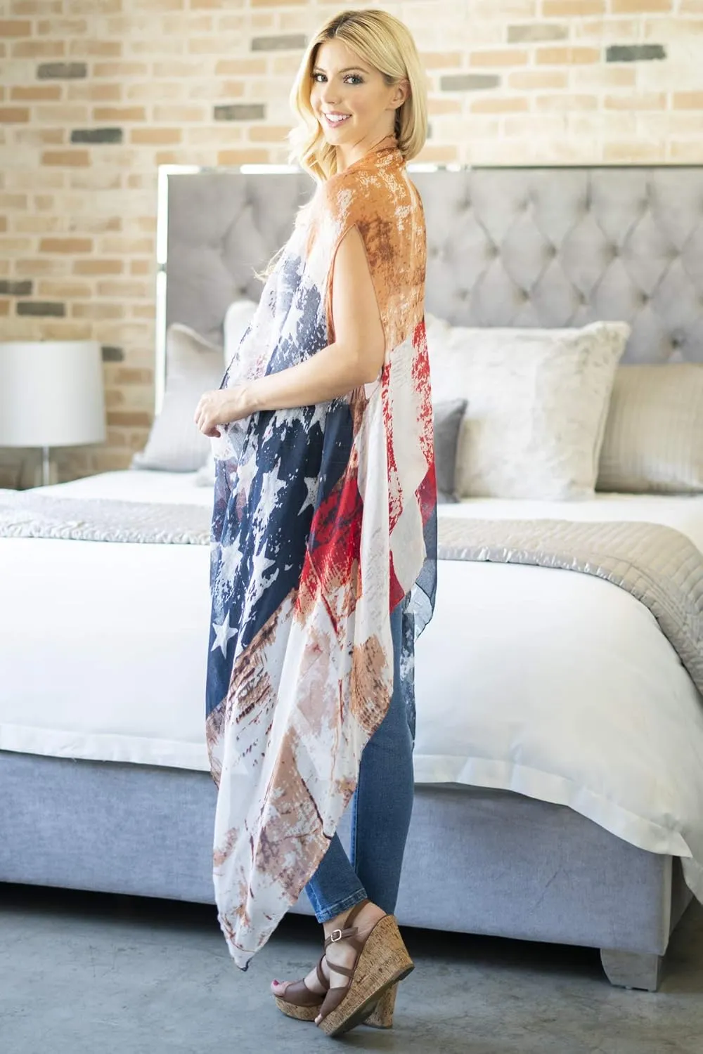 American Flag Patriotic Shawl Wrap Cardi - July 4 USA Stars Stripes Open Kimono Cardigan, Long Vest