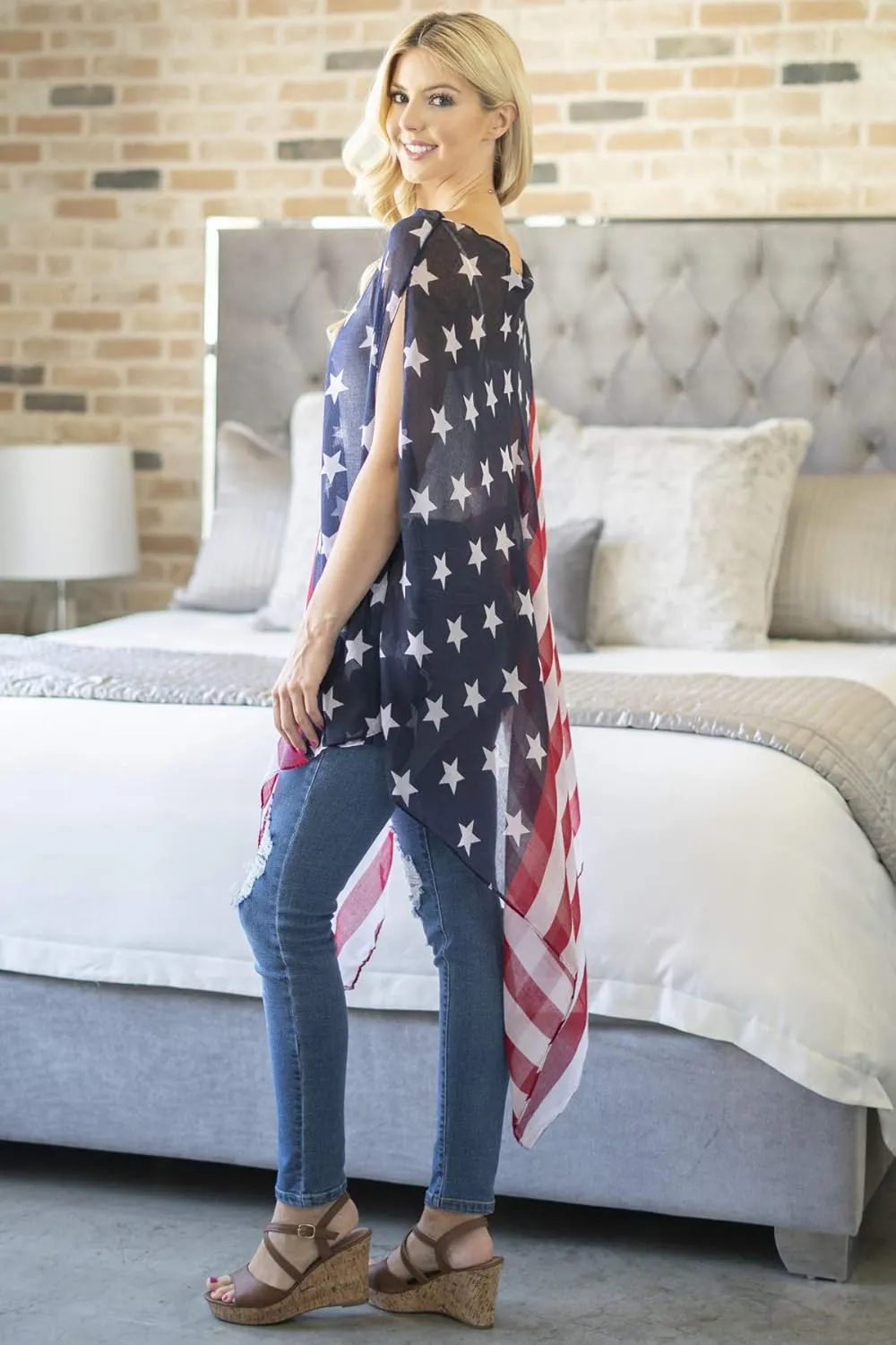 American Flag Patriotic Shawl Wrap Cardi - July 4 USA Stars Stripes Open Kimono Cardigan, Long Vest