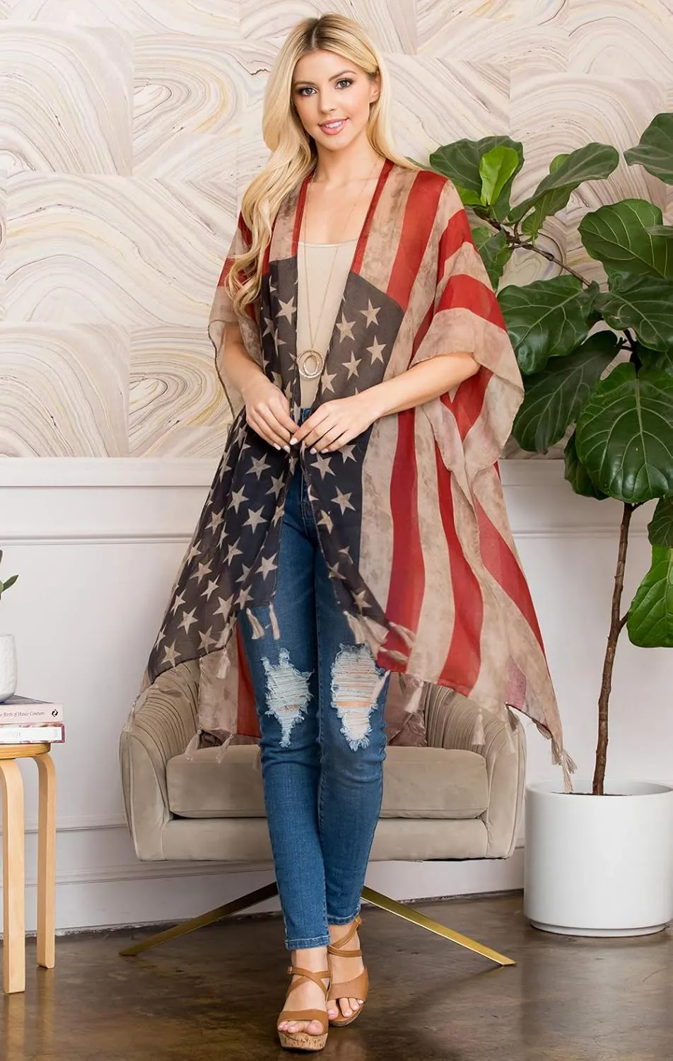American Flag Patriotic Shawl Wrap Cardi - July 4 USA Stars Stripes Open Kimono Cardigan, Long Vest