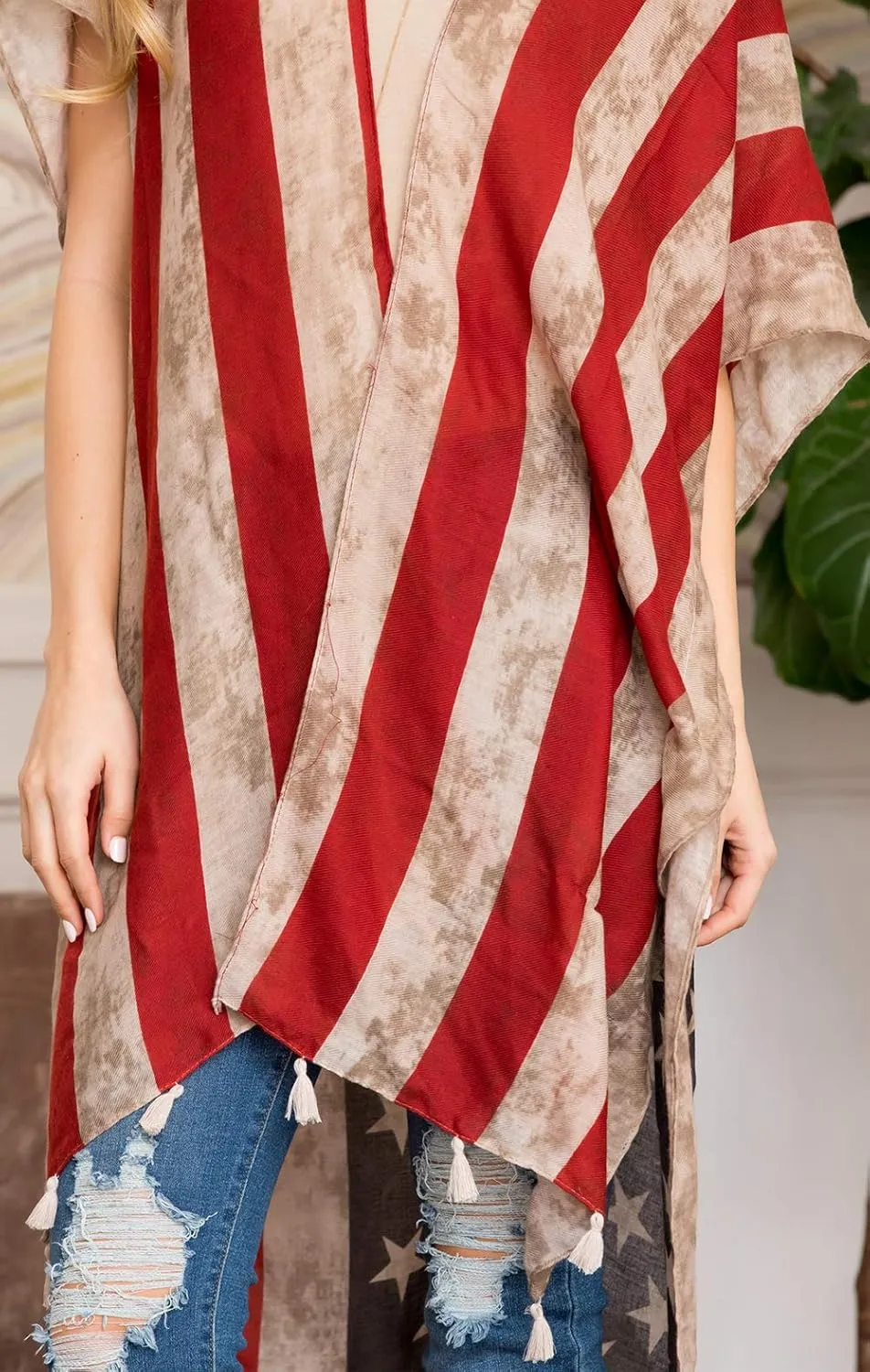 American Flag Patriotic Shawl Wrap Cardi - July 4 USA Stars Stripes Open Kimono Cardigan, Long Vest