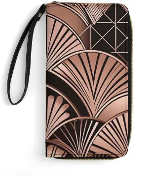 Art Deco Pattern Leather Wallet Smooth Zip Around Clutch Wristlet Travel Long Soft Purse for Women