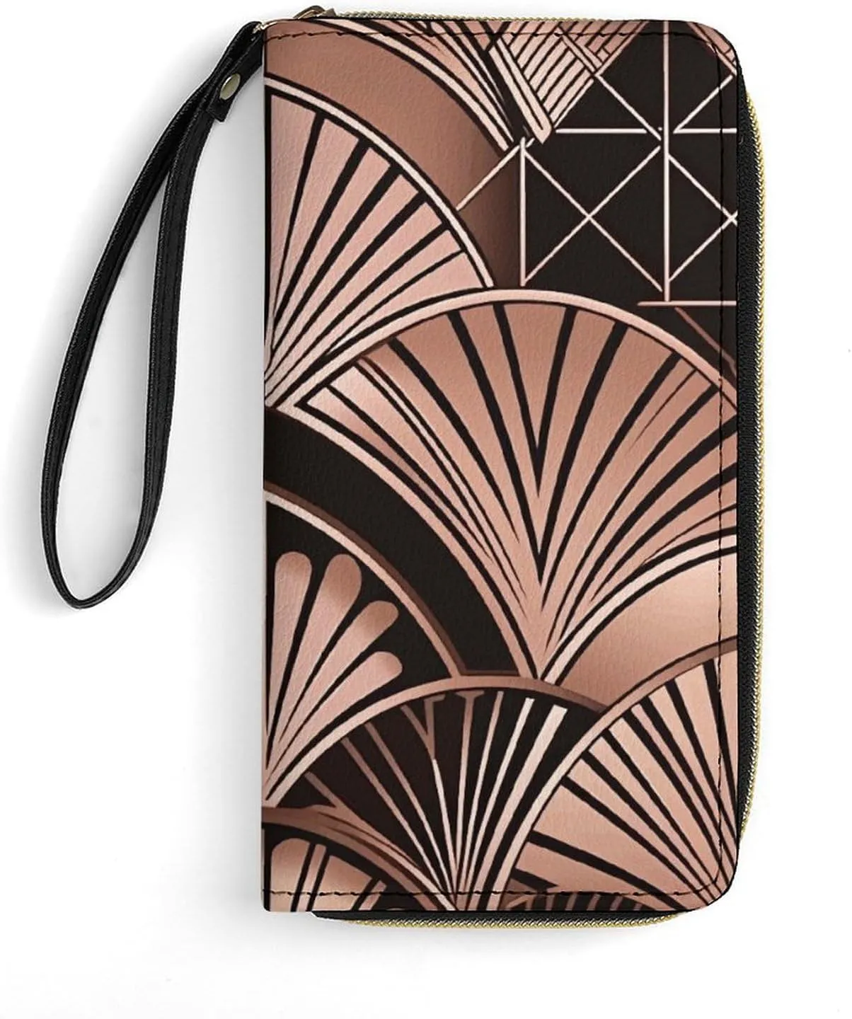 Art Deco Pattern Leather Wallet Smooth Zip Around Clutch Wristlet Travel Long Soft Purse for Women