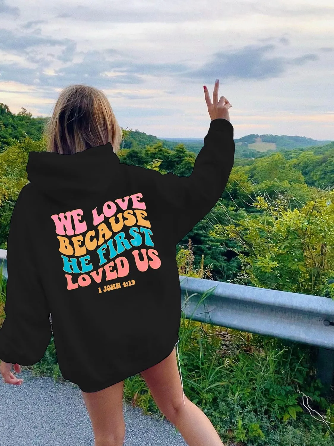 ASTANFY Christian Hoodies Women We Love Because He First Loved Us Sweatshirt Jesus Faith Tshirt Casual Christian Shirts
