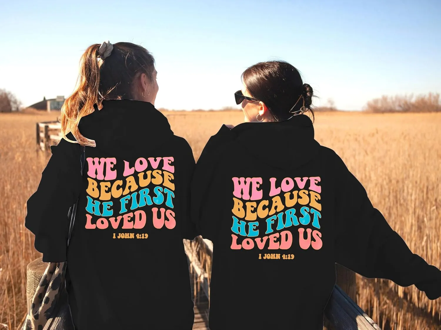 ASTANFY Christian Hoodies Women We Love Because He First Loved Us Sweatshirt Jesus Faith Tshirt Casual Christian Shirts