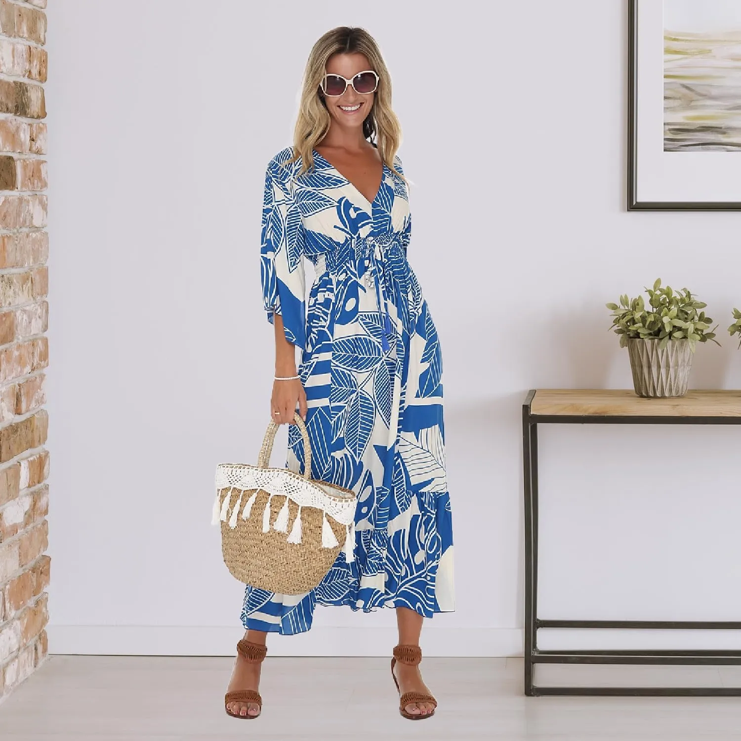 Back From Bali Womens Casual Boho Dress Long Maxi Flowy Dresses with Deep V Neck Summer Sundress
