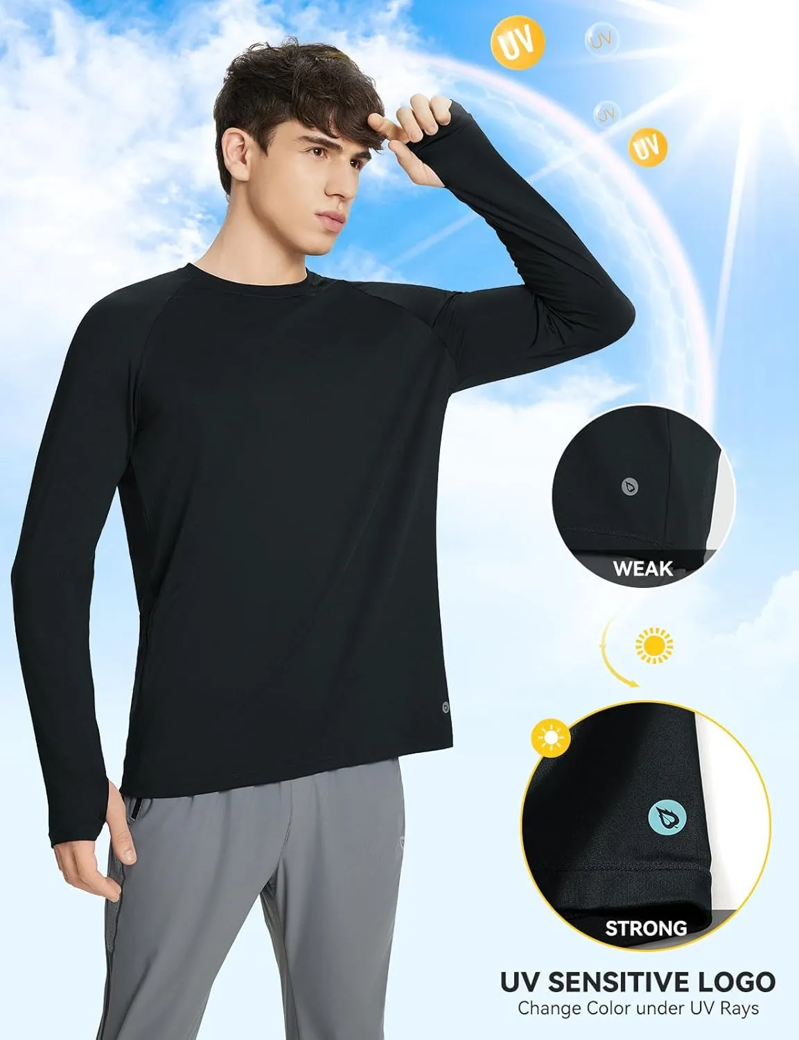 baleaf Men's Long Sleeve Running Shirts Sun Protection UV UPF 50  T Shirts Workout Athletic Gym Quick Dry Zip Pocket
