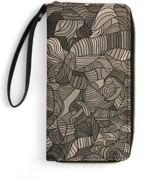 Beige Block Pattern Leather Wallet Smooth Zip Around Clutch Wristlet Travel Long Soft Purse for Women