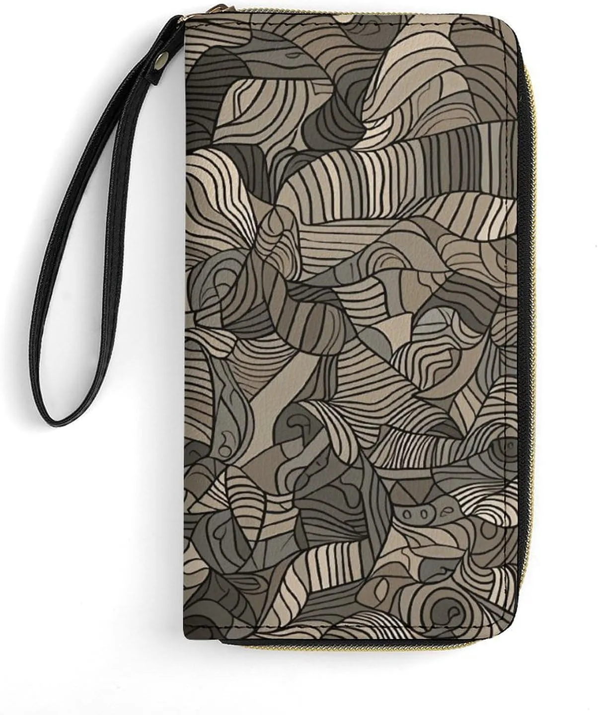 Beige Block Pattern Leather Wallet Smooth Zip Around Clutch Wristlet Travel Long Soft Purse for Women