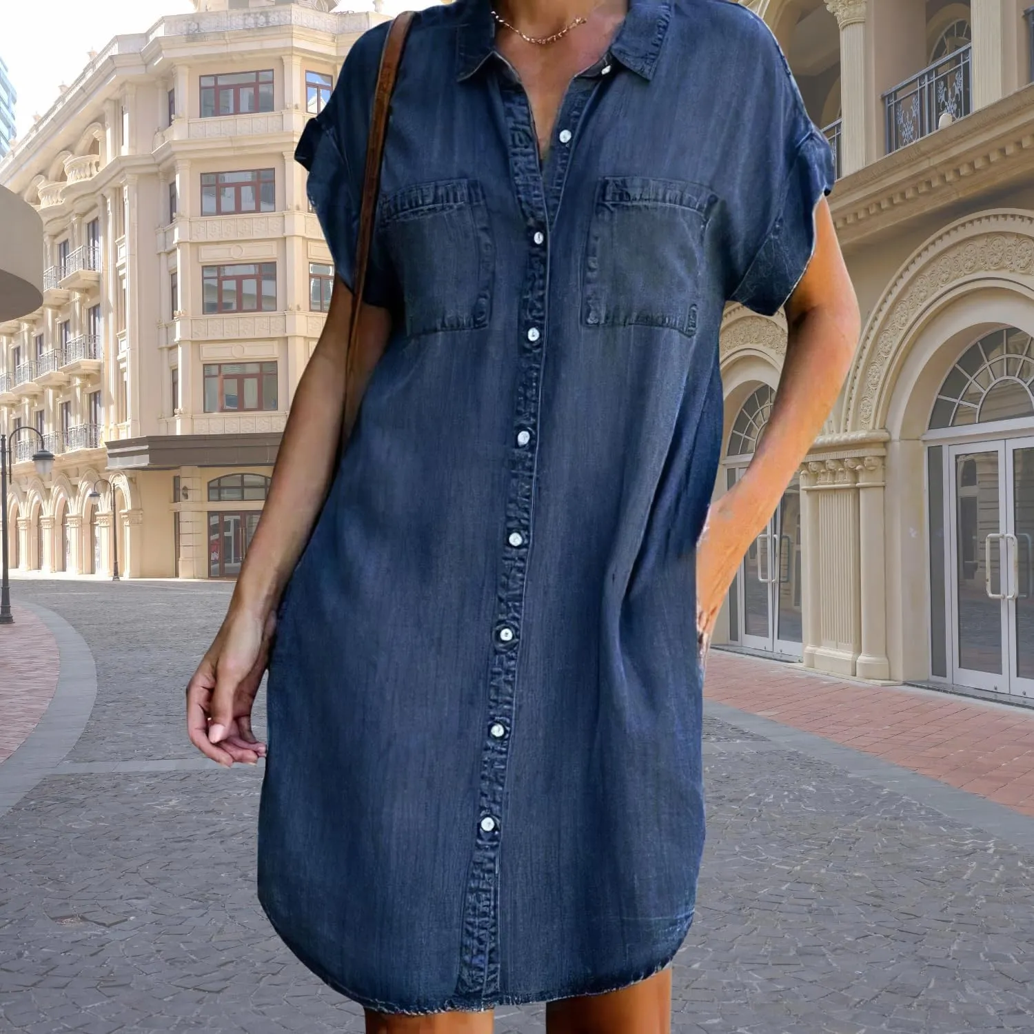 Bengbobar Women's Denim Shirt Dress Summer Casaul Loose Short Sleeve Button Down Jean Dress Plus Size Tunic Top with Pockets