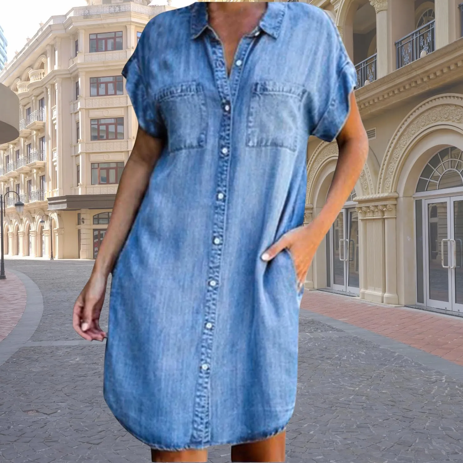 Bengbobar Women's Denim Shirt Dress Summer Casaul Loose Short Sleeve Button Down Jean Dress Plus Size Tunic Top with Pockets
