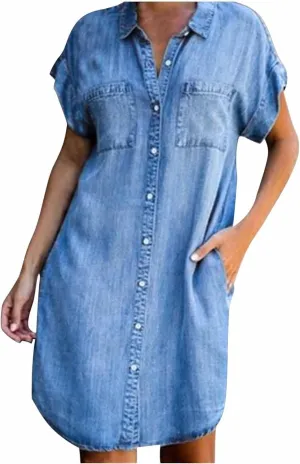 Bengbobar Women's Denim Shirt Dress Summer Casaul Loose Short Sleeve Button Down Jean Dress Plus Size Tunic Top with Pockets