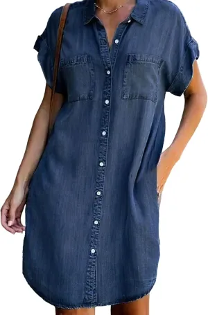 Bengbobar Women's Denim Shirt Dress Summer Casaul Loose Short Sleeve Button Down Jean Dress Plus Size Tunic Top with Pockets