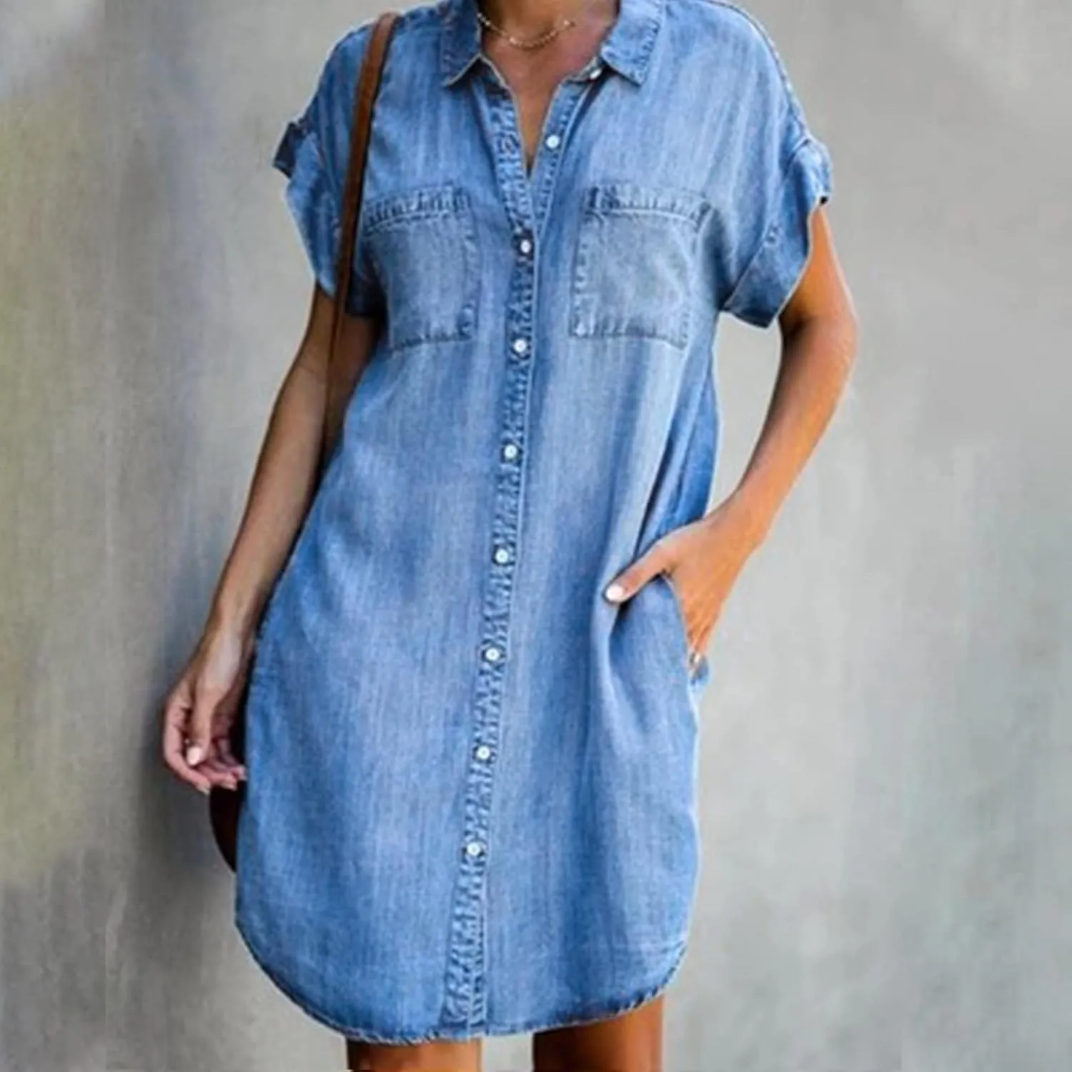 Bengbobar Women's Denim Shirt Dress Summer Casaul Loose Short Sleeve Button Down Jean Dress Plus Size Tunic Top with Pockets