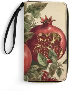 Berries of Pomegranate Leather Wallet Smooth Zip Around Clutch Wristlet Travel Long Soft Purse for Women