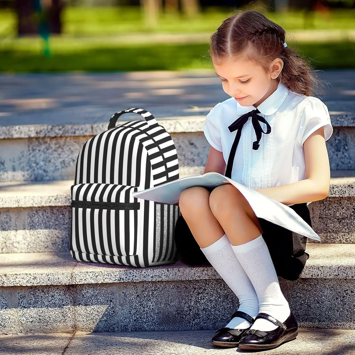Black & White Stripe Laptop Backpacks With Smooth Zippers,Ergonomic Shoulder Straps,16.5 Travel Backpack For Adult